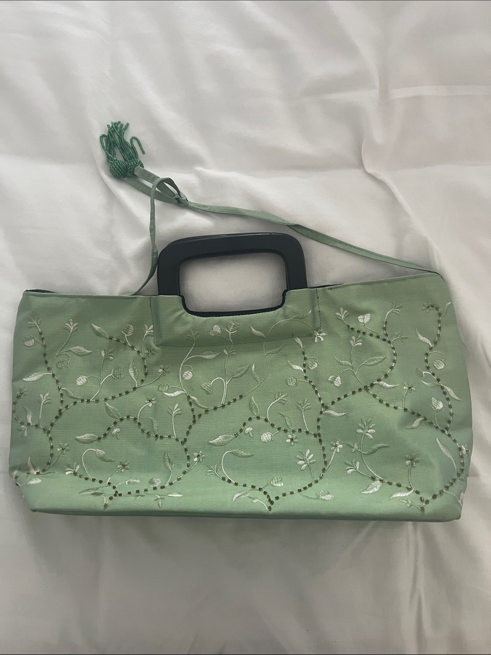Elegant Mint Green Embroidered Silk Tote Bag